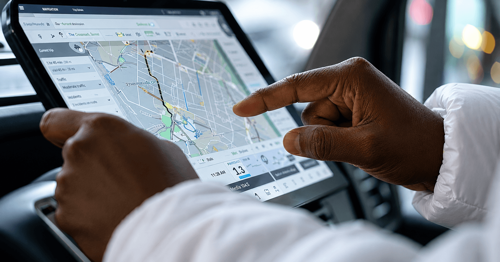 A driver reviewing their route and trip details on an in-cab tablet.